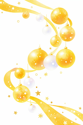 JPG 디자인 별 리본 백그라운드 크리스마스 일러스트 공 수채화 이벤트 장식 노란색 파티 우주 축제 금색 흰색 분위기 오너먼트 국내일러스트 AI일러스트 AI콘텐츠 자연요소 기념일 컬러 컨셉 크리스마스장식 파일형식