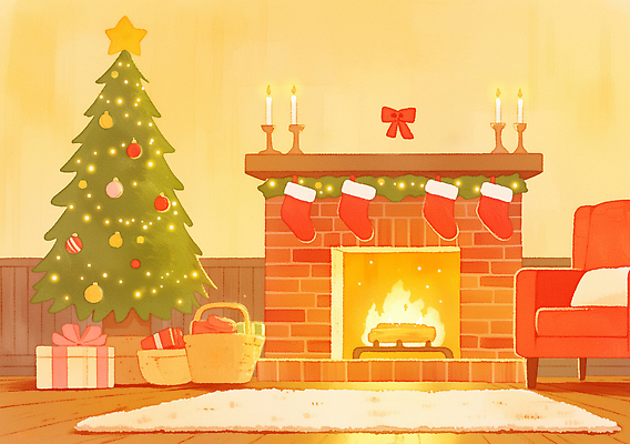 JPG 백그라운드 크리스마스장식 크리스마스 겨울 거실 일러스트 불 조명 양말 주택 따뜻함 선물 장식 인테리어 크리스마스트리 축제 분위기 편안함 난로 벽난로 국내일러스트 AI일러스트 AI콘텐츠 자연요소 디자인 계절 기념일 컨셉 건물 감각 난방기 파일형식