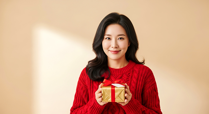 JPG 편집이미지 손 여자 행복 감정 백그라운드 크리스마스 따뜻함 선물 미소 빨간색 축제 기쁨 금색 스웨터 의료성형뷰티 편집실사 AI인물포토 AI콘텐츠 기념일 컬러 상의 표정 사람 신체부위 CG 파일형식 AI포토