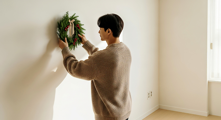 JPG 편집이미지 계절 남자 벽 크리스마스 겨울 가족 주택 따뜻함 장식 인테리어 축제 화환 방 편안함 오브젝트 의료성형뷰티 편집실사 AI인물포토 AI콘텐츠 디자인 기념일 꽃 관계 사람 건물 감각 CG 파일형식 AI포토