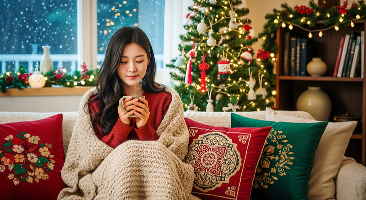 JPG 편집이미지 여자 크리스마스 겨울 가족 집안 휴식 따뜻함 장식 인테리어 소파 크리스마스트리 편안함 오후 의료성형뷰티 편집실사 AI인물포토 AI콘텐츠 디자인 계절 기념일 컨셉 의자 관계 실내 사람 감각 CG 파일형식 AI포토