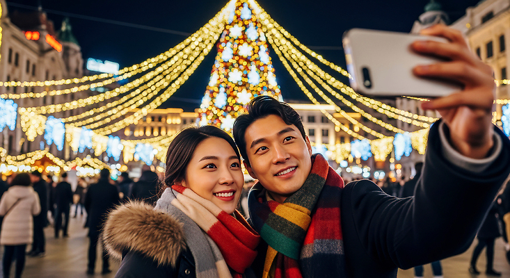 JPG 편집이미지 커플 행복 크리스마스 겨울 조명 거리 사랑 여러명 쇼핑 축제 분위기 셀프카메라 즐거움 광장 의료성형뷰티 편집실사 AI인물포토 AI콘텐츠 계절 기념일 감정 다수 컨셉 관계 사람 사진촬영 CG 파일형식 AI포토
