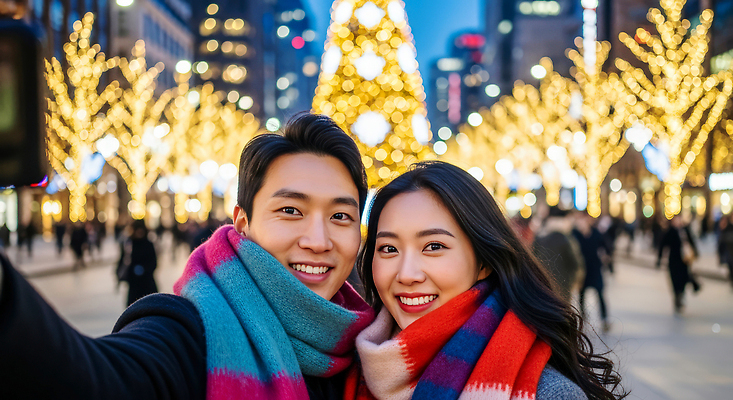 JPG 편집이미지 커플 행복 크리스마스 겨울 조명 거리 사랑 빛 크리스마스트리 축제 스카프 화려 셀프카메라 의료성형뷰티 편집실사 AI인물포토 AI콘텐츠 계절 기념일 감정 컨셉 관계 사진촬영 목도리 CG 파일형식 AI포토