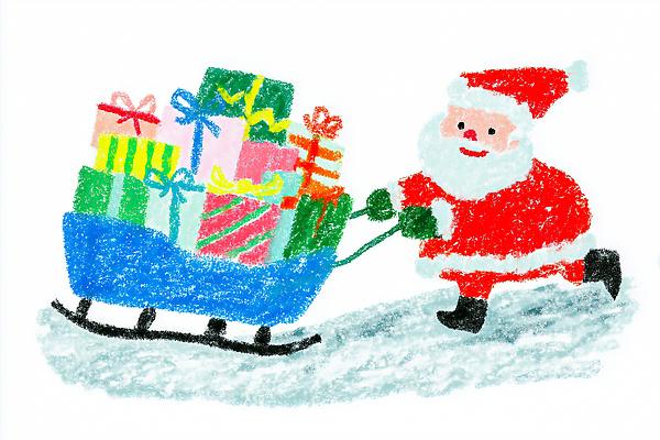 JPG 기념일 행복 어린이 크리스마스 겨울 일러스트 가족 선물 장식 크리스마스트리 산타클로스 축제 기쁨 화려 즐거움 크레파스 긍정 썰매 국내일러스트 AI일러스트 AI콘텐츠 계절 감정 컨셉 관계 학용품 사람 이벤트 파일형식