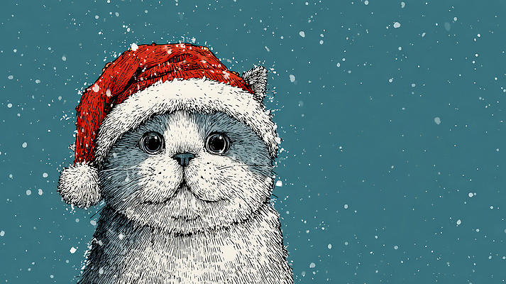 JPG 캐릭터 백그라운드 크리스마스 겨울 일러스트 산타모자 털 웃음 장식 귀여움 축제 고양이 흰색 눈송이 분위기 포근함 즐거움 그림 국내일러스트 AI일러스트 AI콘텐츠 모자_잡화 계절 기념일 감정 컬러 컨셉 포유류 눈_날씨 표정 반려동물 감각 파일형식