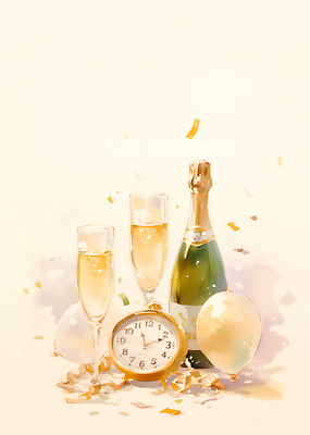 JPG 시계 일러스트 가족 탁자 잔 새해 장식 친구 파티 축제 기쁨 모임 축하 시간 분위기 샴페인 초대 풍선 스파클링와인 연말 송년회 국내일러스트 식기 감정 가구 컨셉 관계 주류 이벤트 탄산 파일형식