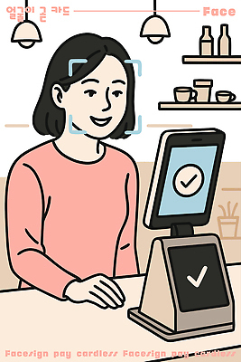 여자 일러스트 기술 일상 스마트폰 상점 식당 카페 계산대 고객 체크표시 서비스 만족 편리함 얼굴인식 스마트페이 국내일러스트 페이스테크 AI파일 감정 컨셉 사람 라이프 핸드폰 스마트기기 과학기술 스마트 확인 결제 생체인식기술 파일형식 벡터