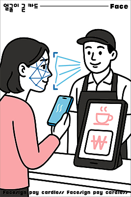 커피 음료 일러스트 기술 대화 일상 전자제품 스마트폰 디지털 카페 거래 고객 직원 서비스 모던 편리함 얼굴인식 스마트페이 상호작용 국내일러스트 페이스테크 AI파일 컨셉 말하기 라이프 핸드폰 스마트기기 상점 과학기술 스마트 결제 생체인식기술 파일형식 벡터