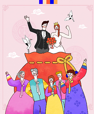 한국전통 감정 컬러 다수 결혼 컨셉 관계 사람 이벤트 전통의상 파일형식 결혼식 전통 한복 축하 여러명 기쁨 사랑 가족 친구 즐거움 문화 화합 세레모니 커플 여자 남자 기념일 축제 흰색 PSD 일러스트 국내일러스트 새해