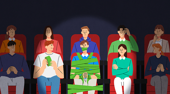 감정 가구 다수 문화예술 표정 사람 소리 예절 극장 파일형식 벡터 영화관 남자 여러명 군중 어둠 긴장 경계 의자 주목 시선 놀람 영화 모션 침묵 국내일러스트 AI파일 일러스트 매너 관람