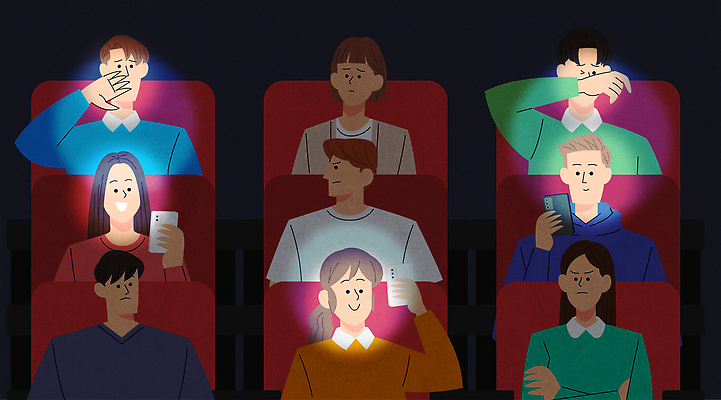 감정 컨셉 놀이 말하기 사람 핸드폰 스마트기기 감상 예절 극장 영화 파일형식 벡터 영화관 스마트폰 군중 갈등 집중 영화감상 대화 조명 게임 시선 즐거움 방해 국내일러스트 AI파일 일러스트 매너 관람