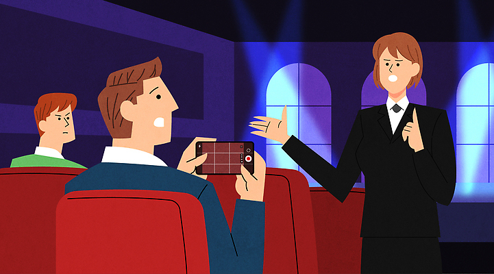 직업 교육 컨셉 사람 핸드폰 스마트기기 예절 파일형식 벡터 강의 스마트폰 발표 경고 강사 소통 수업 집중 토론 군중 스피치 국내일러스트 AI파일 일러스트 매너 관람