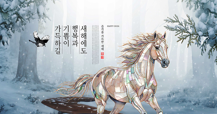 편집이미지 계절 감정 포유류 모션 연도 생태계 파일형식 2026년 숲 겨울 행복 기쁨 상징 달리기 풍경 자연 조화 동물 생명 속도 PSD 이미지편집 병오년 말 말_동물