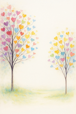 JPG 모양 나무 디자인 감정 예술 컬러 잎 일러스트 자연 색연필 사랑 풍경 평화 하트 그림 크레파스 부드러움 두그루 조화 국내일러스트 AI일러스트 AI콘텐츠 식물 컨셉 2 학용품 감각 생태계 파일형식