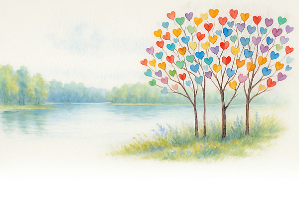 JPG 나무 꽃 감정 호수 여유 예술 컬러 일러스트 자연 생명 수채화 사랑 풍경 초록색 평화 환경 공간 하트 편안함 수목 국내일러스트 AI일러스트 AI콘텐츠 모양 식물 컨셉 감각 생태계 파일형식