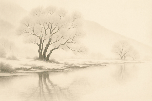 JPG 나무 겨울 일러스트 자연 바람 산 풍경 물 강 반사 평화 고요 흰색 물가 수면 고독 숲 강가 조용 흐림 수목 겨울풍경 국내일러스트 AI일러스트 AI콘텐츠 자연요소 식물 계절 감정 컬러 컨셉 날씨 생태계 파일형식