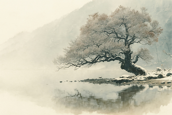 JPG 나무 호수 컬러 겨울 일러스트 자연 아침 산 풍경 반사 평화 고요 안개 나뭇가지 물가 수면 차가움 신비 조화 겨울풍경 국내일러스트 AI일러스트 AI콘텐츠 주간 식물 계절 컨셉 날씨 물 생태계 파일형식