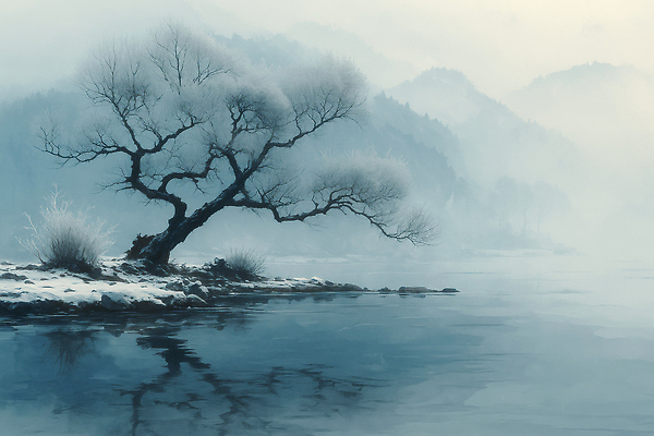 JPG 나무 호수 컬러 겨울 일러스트 자연 하늘 산 풍경 물 반사 평화 얼음 고요 안개 고독 그림 조화 순간 풍경화 겨울풍경 국내일러스트 AI일러스트 AI콘텐츠 자연요소 식물 계절 감정 컨셉 날씨 생태계 파일형식