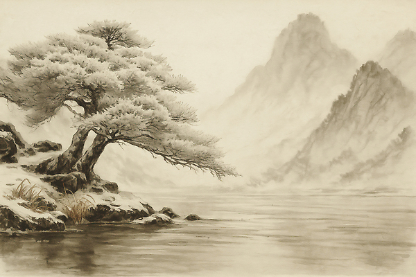 JPG 나무 계절 호수 여유 물결 예술 일러스트 자연 생명 산 풍경 고요 그림 드로잉 조화 풍경화 겨울풍경 국내일러스트 AI일러스트 AI콘텐츠 식물 감정 겨울 미술 생태계 파일형식