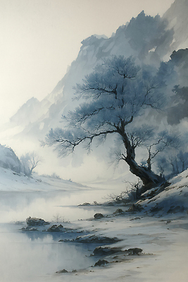 JPG 나무 컬러 겨울 일러스트 자연 생명 산 풍경 강 평화 얼음 고요 안개 물가 수면 고독 차가움 서리 조화 겨울풍경 국내일러스트 AI일러스트 AI콘텐츠 자연요소 식물 계절 감정 컨셉 날씨 물 생태계 파일형식