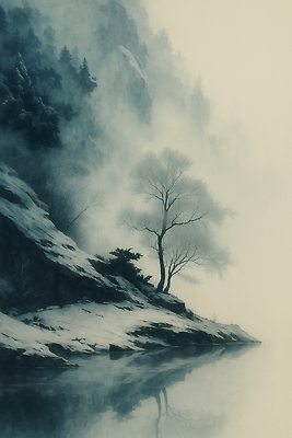 JPG 나무 호수 여유 겨울 일러스트 자연 산 풍경 물 반사 평화 일출 고요 일몰 산책 트래킹 안개 고독 숲 겨울풍경 국내일러스트 AI일러스트 AI콘텐츠 자연요소 식물 계절 감정 컨셉 레저 날씨 휴식 노을 생태계 파일형식