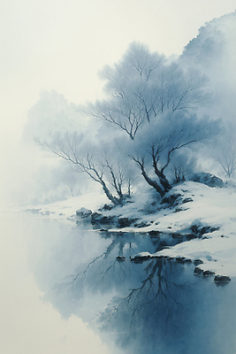 JPG 나무 겨울 일러스트 자연 하늘 아침 풍경 물 강 반사 평화 일출 고요 안개 나뭇가지 차가움 숲 강가 조용 기온 겨울풍경 국내일러스트 AI일러스트 AI콘텐츠 주간 자연요소 식물 계절 컨셉 날씨 노을 생태계 파일형식