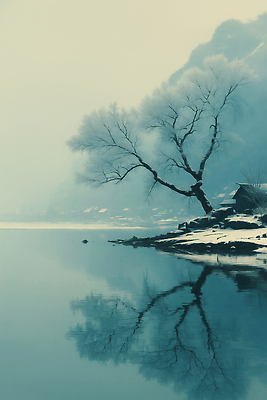 JPG 나무 계절 겨울 일러스트 자연 아침 바람 풍경 사람없음 건물 반사 평화 수중 고요 나뭇가지 물가 수면 차가움 조화 겨울풍경 국내일러스트 AI일러스트 AI콘텐츠 주간 자연요소 식물 건축물 컨셉 날씨 물 생태계 파일형식
