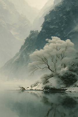 JPG 나무 일러스트 자연 산 풍경 물 평화 계곡 고요 산책 안개 물가 숲 힐링 주말 조용 겨울풍경 차분 국내일러스트 AI일러스트 AI콘텐츠 자연요소 식물 컨셉 겨울 날씨 휴식 생태계 파일형식