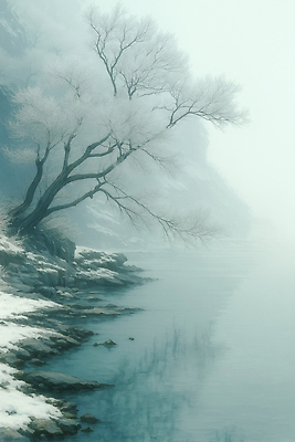 JPG 나무 호수 겨울 일러스트 자연 아침 산 풍경 물 반사 소리 고요 안개 흰색 연못 차가움 숲 수목 겨울풍경 국내일러스트 AI일러스트 AI콘텐츠 주간 자연요소 식물 계절 컬러 날씨 생태계 파일형식
