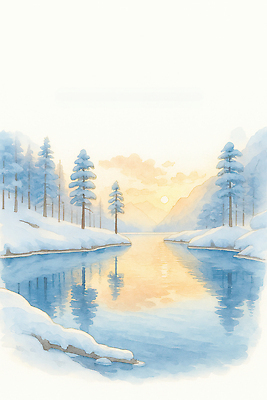 JPG 나무 호수 컬러 백그라운드 겨울 일러스트 자연 하늘 산 풍경 물 반사 평화 일출 환경 고요 숲속 신비 조용 겨울풍경 눈덮임 국내일러스트 AI일러스트 AI콘텐츠 자연요소 식물 계절 컨셉 노을 숲 생태계 파일형식
