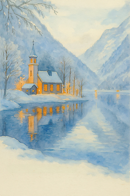 JPG 나무 호수 겨울 일러스트 자연 하늘 아침 산 풍경 반사 교회 평화 마을 고요 숲속 조용 풍경화 겨울풍경 눈덮임 국내일러스트 AI일러스트 AI콘텐츠 주간 식물 계절 컨셉 종교건축 건물 숲 그림 생태계 파일형식