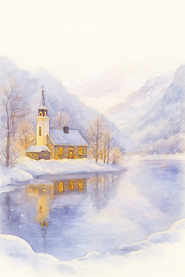 JPG 나무 감정 호수 예술 겨울 일러스트 자연 산 풍경 반사 교회 평화 마을 저녁 숲속 그림 조용 색감 눈덮임 차분 국내일러스트 AI일러스트 AI콘텐츠 식물 계절 컨셉 종교건축 건물 야간 숲 생태계 파일형식