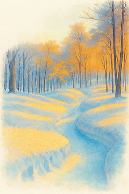 JPG 나무 겨울 일러스트 자연 생명 아침 따뜻함 풍경 햇빛 평화 일출 흐름 나뭇가지 개울 숲속 숲 조용 눈길 눈덮임 국내일러스트 AI일러스트 AI콘텐츠 주간 식물 계절 길 컨셉 눈_날씨 강 태양 노을 생태계 파일형식