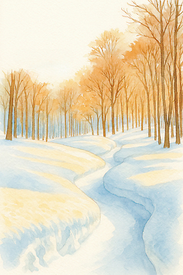 JPG 나무 감정 겨울 일러스트 자연 하늘 동화 풍경 물 강 햇빛 평화 고요 흐름 나뭇가지 차가움 숲속 숲 부드러움 색감 눈덮임 국내일러스트 AI일러스트 AI콘텐츠 자연요소 식물 계절 컨셉 태양 감각 생태계 파일형식