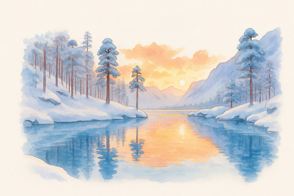 JPG 나무 호수 겨울 일러스트 자연 하늘 아침 산 풍경 물 태양 반사 일출 고요 새벽 차가움 숲속 기온 눈덮임 국내일러스트 AI일러스트 AI콘텐츠 주간 자연요소 식물 계절 컨셉 날씨 노을 숲 생태계 파일형식