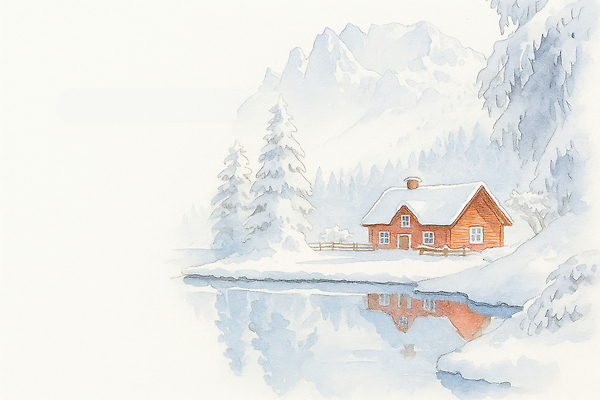 JPG 나무 호수 컬러 겨울 일러스트 자연 아침 휴식 산 주택 풍경 반사 평화 소리 고요 시골 차가움 숲속 눈덮임 국내일러스트 AI일러스트 AI콘텐츠 주간 식물 계절 컨셉 건물 숲 생태계 파일형식