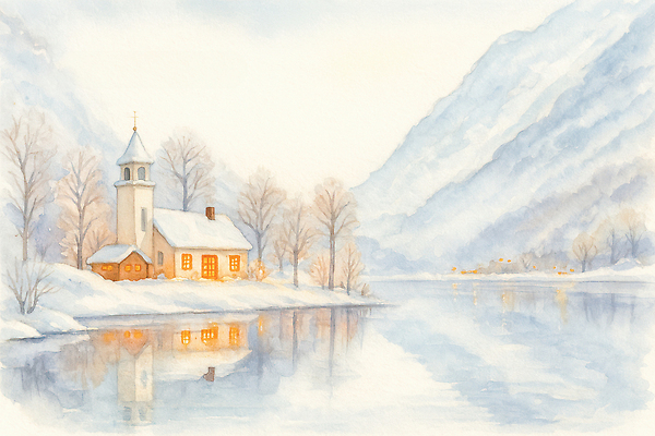 JPG 나무 호수 단풍 설경 겨울 일러스트 자연 하늘 산 따뜻함 풍경 물 빛 반사 교회 평화 고요 숲속 편안함 조용 산맥 눈덮임 국내일러스트 AI일러스트 AI콘텐츠 자연요소 식물 계절 컨셉 잎 종교건축 건물 감각 숲 생태계 파일형식