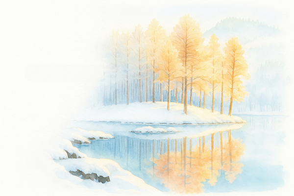 JPG 나무 호수 컬러 섬 겨울 일러스트 자연 풍경 빛 반짝임 반사 평화 소리 고요 흰색 차가움 숲속 숲 장면 눈덮임 차분 국내일러스트 AI일러스트 AI콘텐츠 식물 계절 컨셉 모션 생태계 파일형식