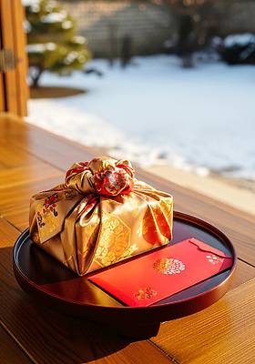 계절 명절 아시아 컬러 결혼 컨셉 탁자 태양 CG 파일형식 천_직물 결혼식 선물 포장 금색 나무탁자 겨울 풍경 정원 햇빛 전통 한국 축하 편집실사 JPG 편집이미지 보따리 보자기 설날 새해