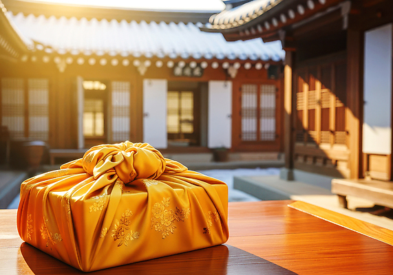 나무 한국전통 명절 아시아 컬러 컨셉 고건축 재료 태양 CG 파일형식 천_직물 한옥 전통 선물 노란색 포장 오후 햇빛 정원 고요 매력적 한국 문화 목재 편집실사 JPG 편집이미지 보따리 보자기 설날 새해