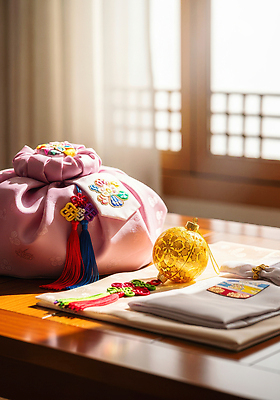 전통 명절 기념일 아시아 가구 컨셉 실내 이벤트 태양 CG 파일형식 천_직물 한국 장식 탁자 햇빛 따뜻함 고급 문화 파티 집안 고객 편집실사 JPG 편집이미지 보따리 보자기 설날 선물 새해