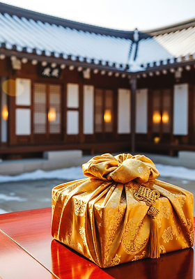 한국전통 계절 명절 아시아 컬러 고건축 감각 CG 파일형식 천_직물 전통 한옥 선물 포장 금색 정원 겨울 조명 편안함 한국 문화 고풍 디자인 장식 편집실사 JPG 편집이미지 보따리 보자기 설날 새해