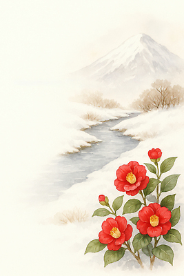 JPG 계절 꽃 겨울 일러스트 자연 생명 산 따뜻함 미소 풍경 개울 차가움 동백 조화 색감 풍경화 차분 국내일러스트 AI일러스트 AI콘텐츠 식물 컨셉 표정 강 그림 생태계 파일형식