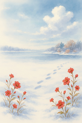 JPG 식물 꽃 겨울 일러스트 자연 하늘 날씨 눈꽃 풍경 빨간색 평화 환경 고요 차가움 숲 발자국 겨울풍경 국내일러스트 AI일러스트 AI콘텐츠 계절 컬러 컨셉 자국 눈_날씨 생태계 파일형식