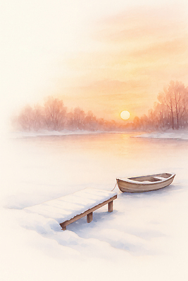 JPG 나무 호수 여행 겨울 일러스트 자연 하늘 아침 풍경 물 반사 일출 항구 고요 일몰 보트 정박 국내일러스트 AI일러스트 AI콘텐츠 주간 자연요소 식물 계절 배_교통 교통시설 노을 생태계 파일형식