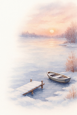 JPG 나무 호수 겨울 일러스트 자연 아침 따뜻함 풍경 태양 평화 일출 노을 고요 보트 수면 차가움 나무다리 겨울풍경 국내일러스트 AI일러스트 AI콘텐츠 주간 자연요소 식물 계절 컨셉 배_교통 물 다리_건축물 생태계 파일형식