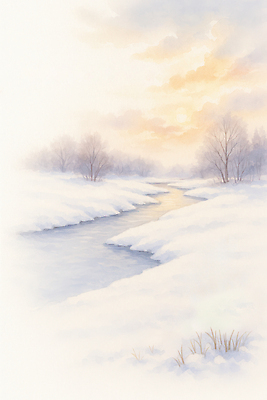 JPG 나무 식물 겨울 일러스트 자연 하늘 아침 풍경 초원 강 햇빛 반사 고요 수면 강가 조용 풍경화 눈덮임 국내일러스트 AI일러스트 AI콘텐츠 주간 계절 컨셉 물 태양 그림 생태계 파일형식