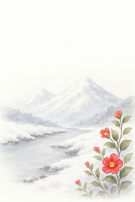 JPG 식물 꽃 컬러 겨울 일러스트 자연 생명 산 풍경 빨간색 물 강 고요 흰색 차가움 조화 차분 국내일러스트 AI일러스트 AI콘텐츠 자연요소 계절 컨셉 생태계 파일형식