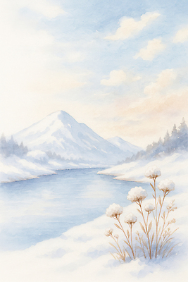 JPG 나무 식물 겨울 일러스트 자연 하늘 산 눈꽃 풍경 물 강 일출 고요 일몰 안개 차가움 숲 국내일러스트 AI일러스트 AI콘텐츠 자연요소 계절 날씨 눈_날씨 노을 생태계 파일형식