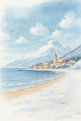 JPG 바다 여행 백그라운드 겨울 일러스트 자연 하늘 수채화 산 풍경 해변 건물 모래사장 평화 마을 시원함 아기자기 국내일러스트 AI일러스트 AI콘텐츠 건축물 계절 컨셉 생태계 파일형식